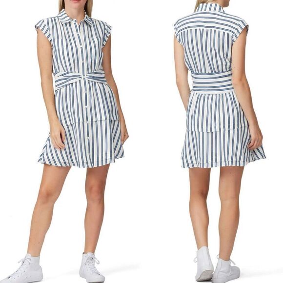 DEREK LAM 10 Crosby Dress Womens 6 Blue Striped Shirtdress Snap Front Cap Sleeve - Picture 1 of 16